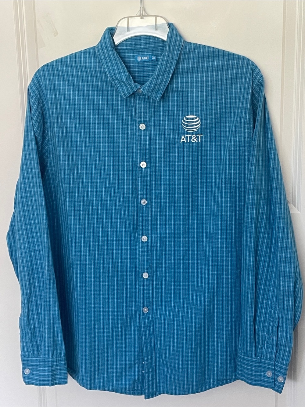 AT&T Blue Plaid Work Shirt XL Embroidered
